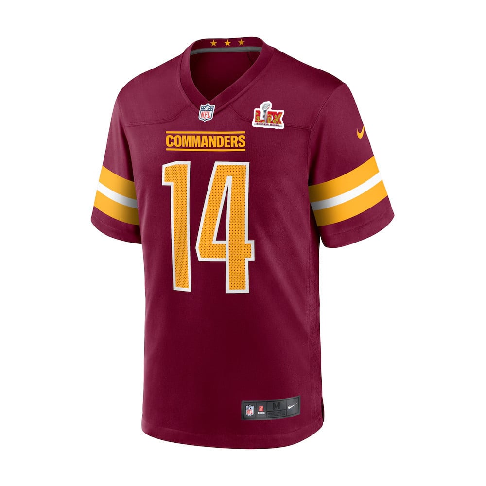 Alternative view of Olamide Zaccheaus #14 Washington Commanders Super Bowl LIX Game Jersey - Youth | Burgundy