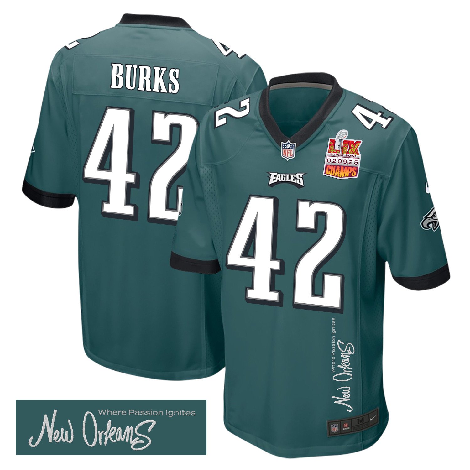 Oren Burks #42 Philadelphia Eagles Super Bowl LIX Champions Patch Game Jersey - Men's | Midnight Green