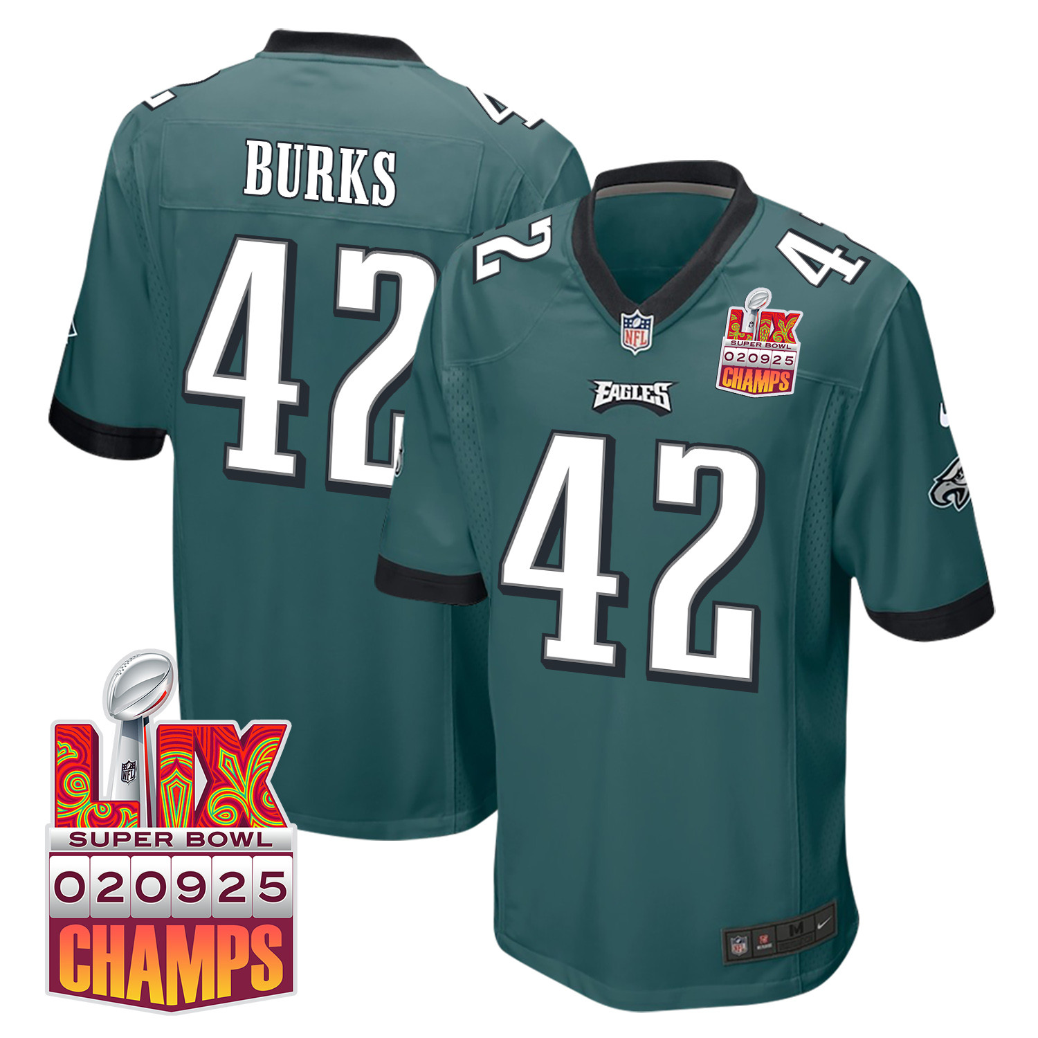 Oren Burks #42 Philadelphia Eagles Super Bowl LIX Champions Patch Game Jersey - Men's | Midnight Green
