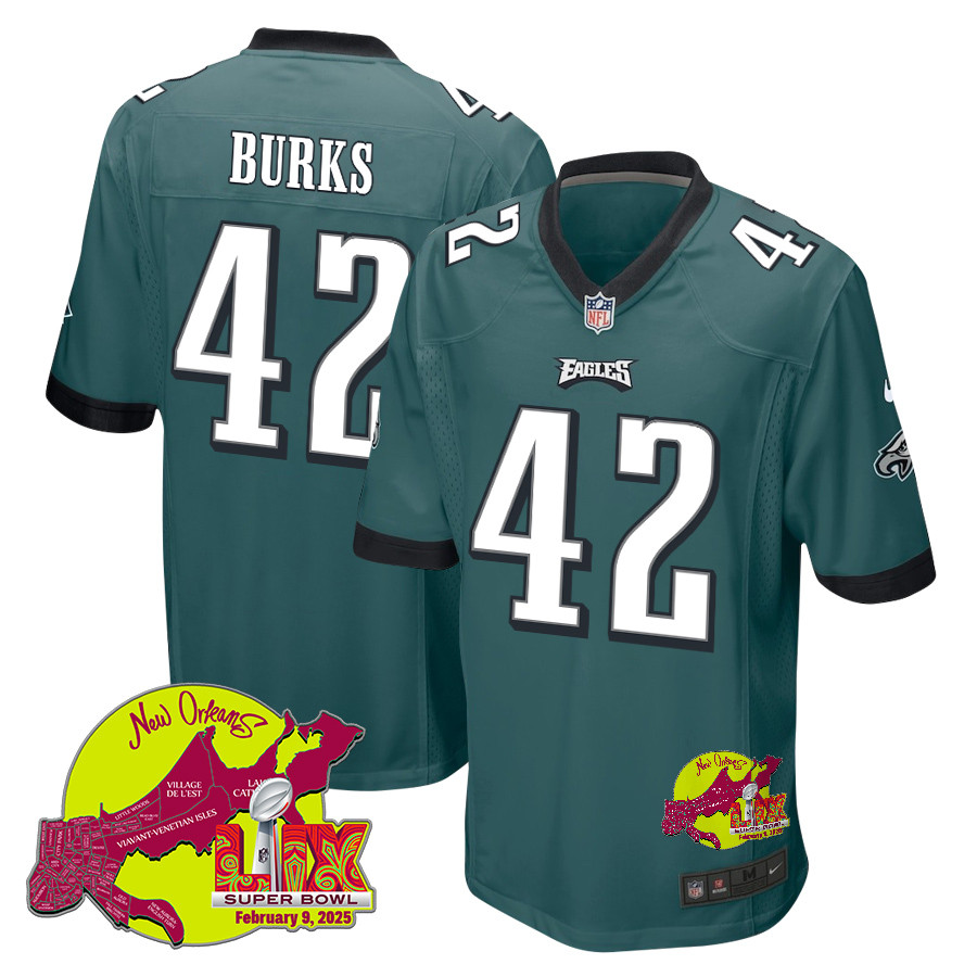 Oren Burks #42 Philadelphia Eagles Super Bowl LIX Game Jersey - Men's | Midnight Green
