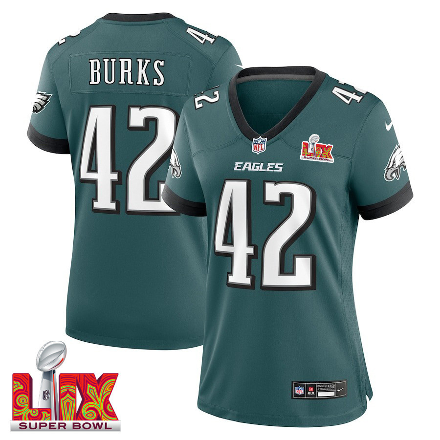 Oren Burks #42 Philadelphia Eagles Super Bowl LIX Game Jersey - Women's | Midnight Green