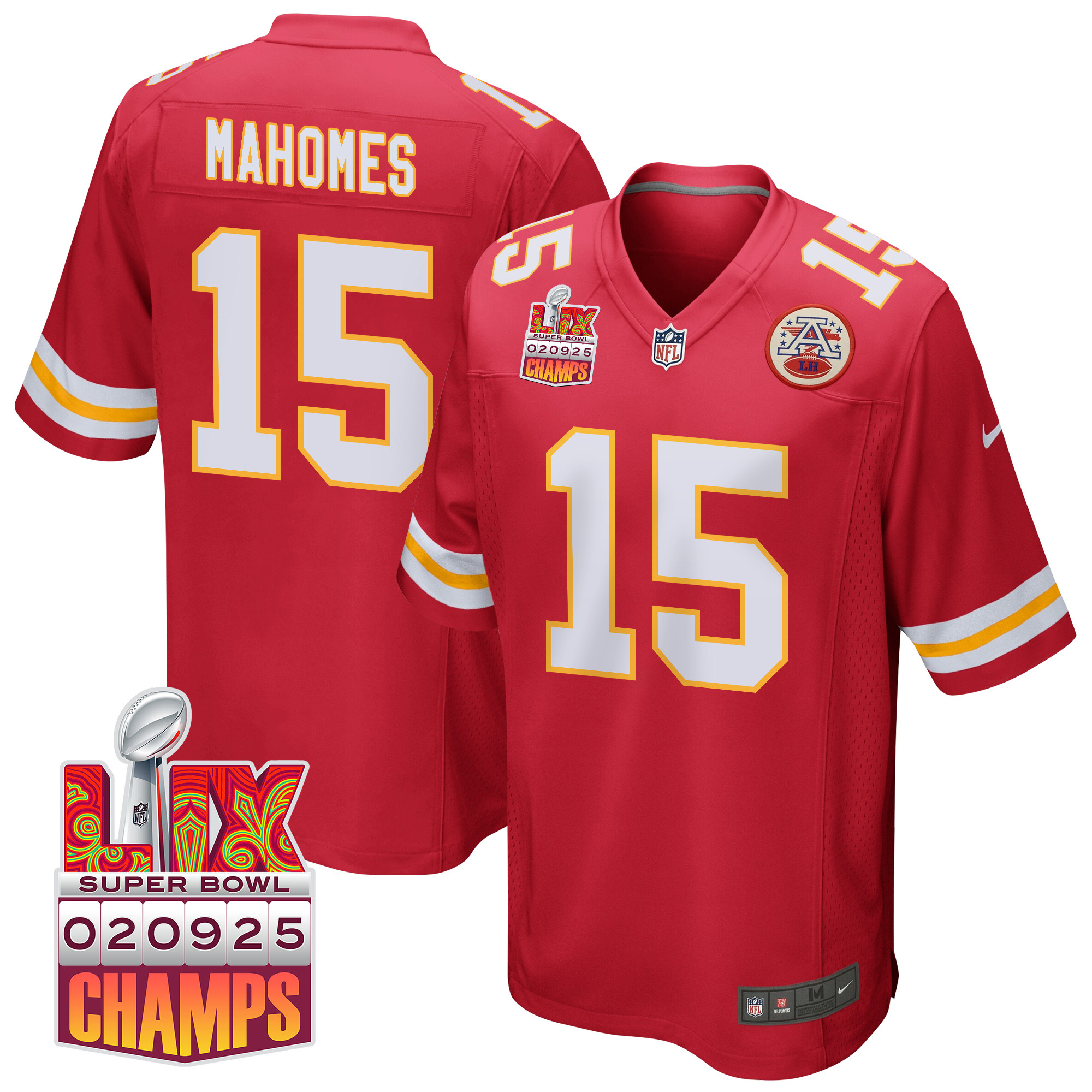 Patrick Mahomes #15 Kansas City Chiefs Super Bowl LIX Champions Patch Game Jersey - Men's | Red