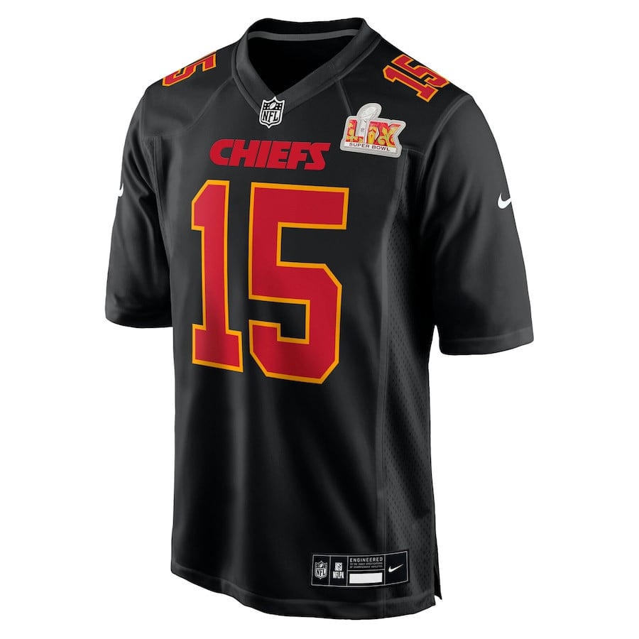 Alternative view of Patrick Mahomes #15 Kansas City Chiefs Super Bowl LIX Game Jersey - Men's | Carbon Black
