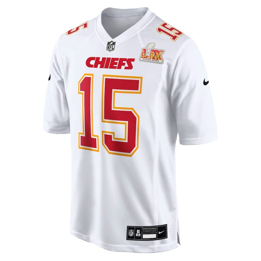 Alternative view of Patrick Mahomes #15 Kansas City Chiefs Super Bowl LIX Game Jersey - Men's | Tundra White