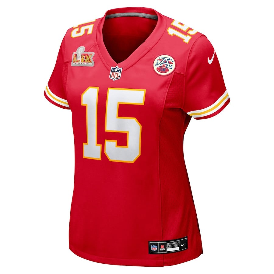 Alternative view of Patrick Mahomes #15 Kansas City Chiefs Super Bowl LIX Game Jersey - Women's | Red