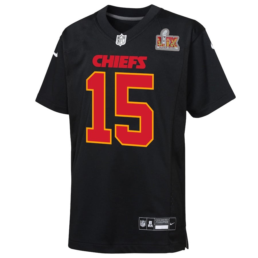 Alternative view of Patrick Mahomes #15 Kansas City Chiefs Super Bowl LIX Patch Game Jersey - Youth | Carbon Black