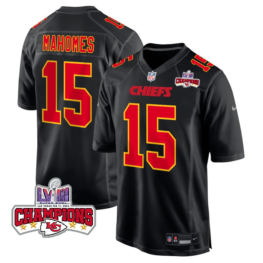 Patrick Mahomes #15 Kansas City Chiefs Super Bowl LVIII Champions 4 Stars Patch Game Jersey - Men's | Carbon Black