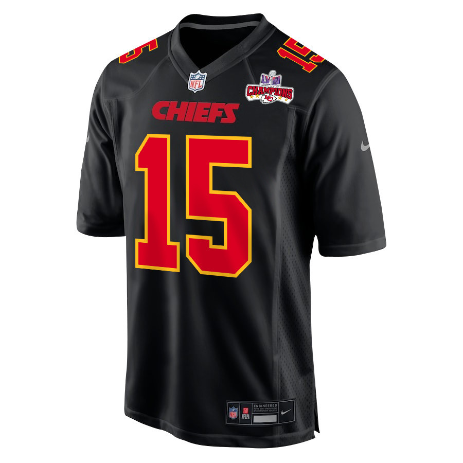 Alternative view of Patrick Mahomes #15 Kansas City Chiefs Super Bowl LVIII Champions 4 Stars Patch Game Jersey - Men's | Carbon Black