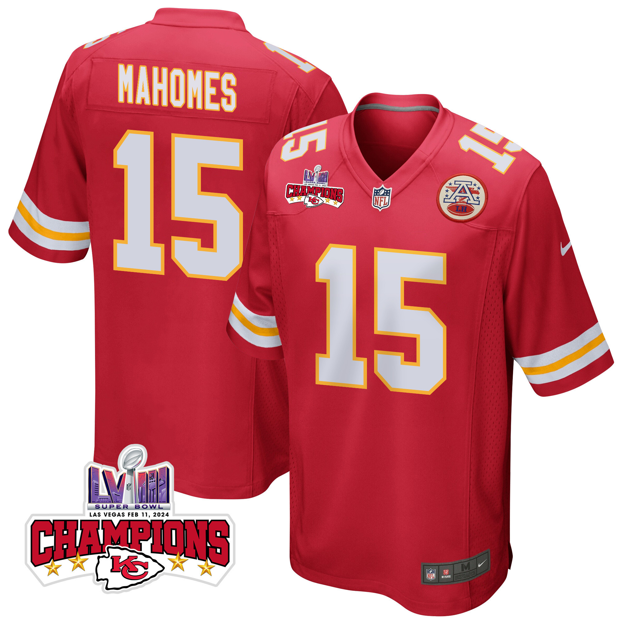 Patrick Mahomes #15 Kansas City Chiefs Super Bowl LVIII Champions 4 Stars Patch Game Jersey - Men's | Red