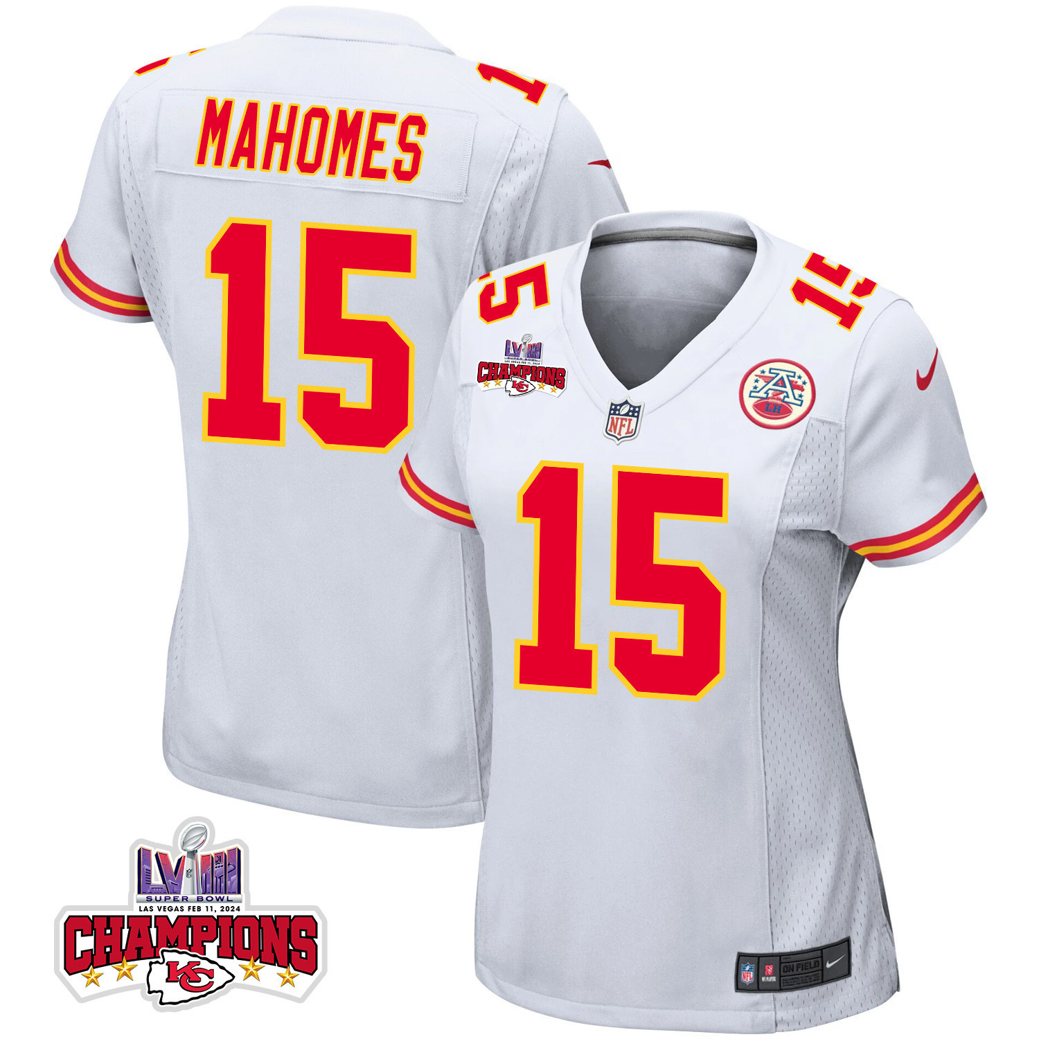 Patrick Mahomes #15 Kansas City Chiefs Super Bowl LVIII Champions 4 Stars Patch Game Jersey - Women's | White