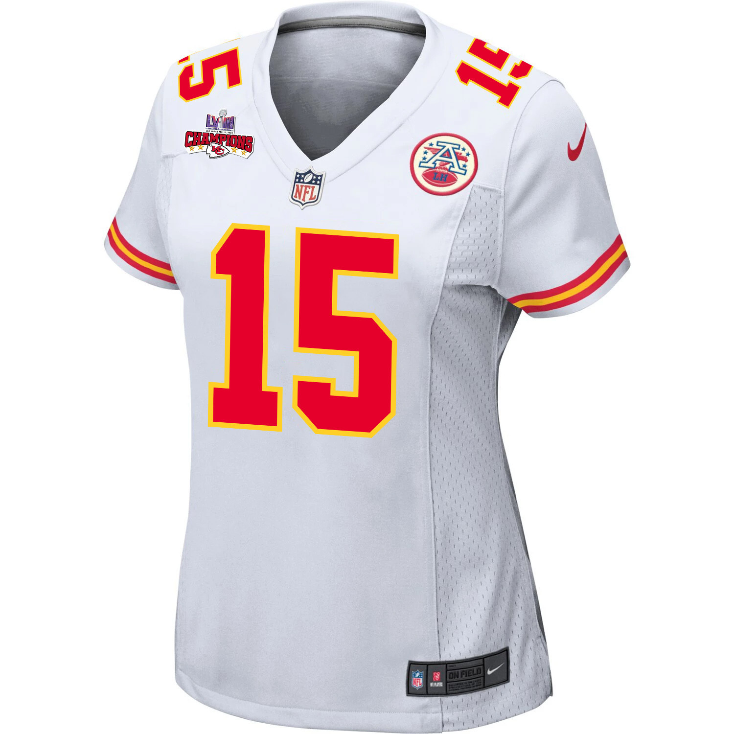 Alternative view of Patrick Mahomes #15 Kansas City Chiefs Super Bowl LVIII Champions 4 Stars Patch Game Jersey - Women's | White
