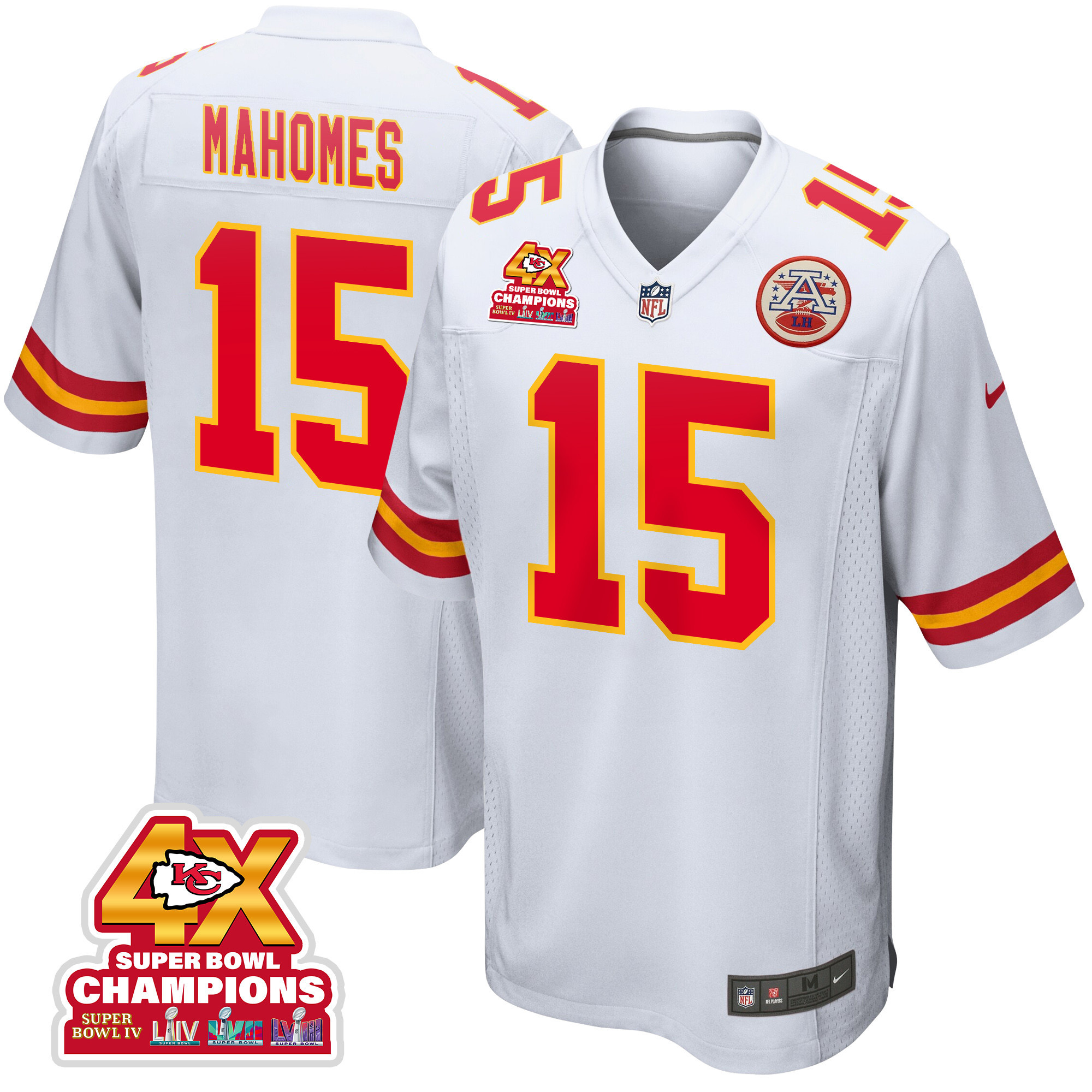 Patrick Mahomes #15 Kansas City Chiefs Super Bowl LVIII Champions 4X Game Jersey - Men's | White
