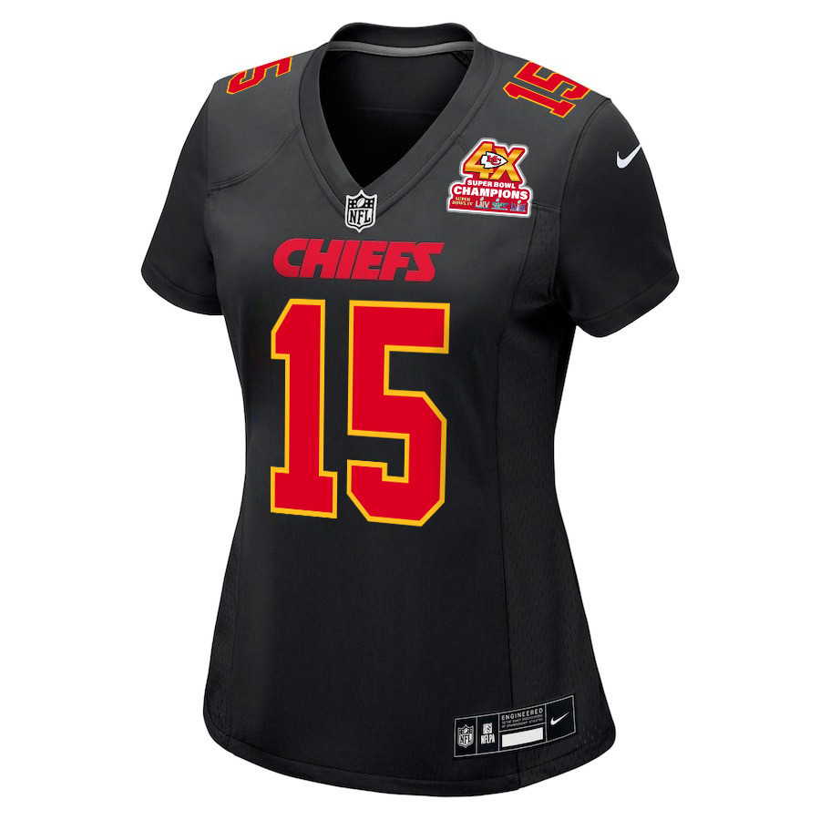 Alternative view of Patrick Mahomes #15 Kansas City Chiefs Super Bowl LVIII Champions 4X Game Jersey - Women's | Carbon Black