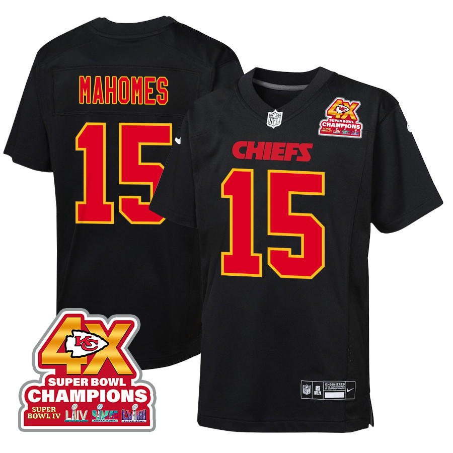 Patrick Mahomes #15 Kansas City Chiefs Super Bowl LVIII Champions 4X Game Jersey - Youth | Carbon Black