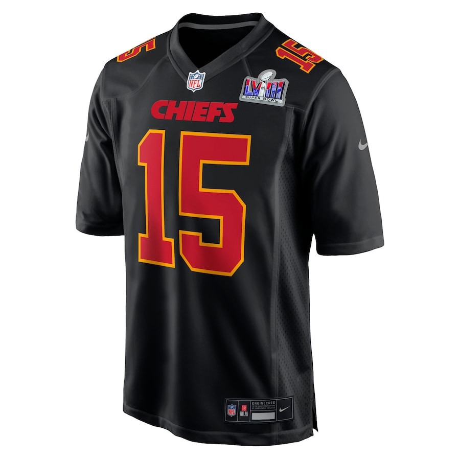 Alternative view of Patrick Mahomes #15 Kansas City Chiefs Super Bowl LVIII Game Jersey - Men's | Carbon Black