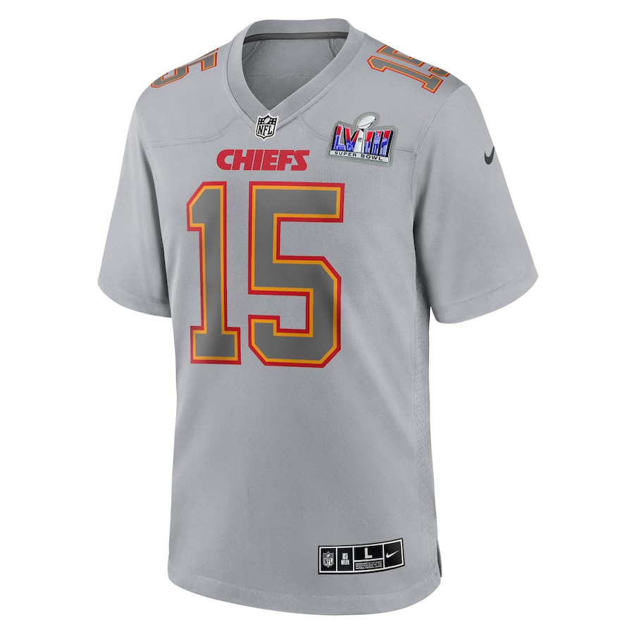 Alternative view of Patrick Mahomes #15 Kansas City Chiefs Super Bowl LVIII Game Jersey - Men's | Gray