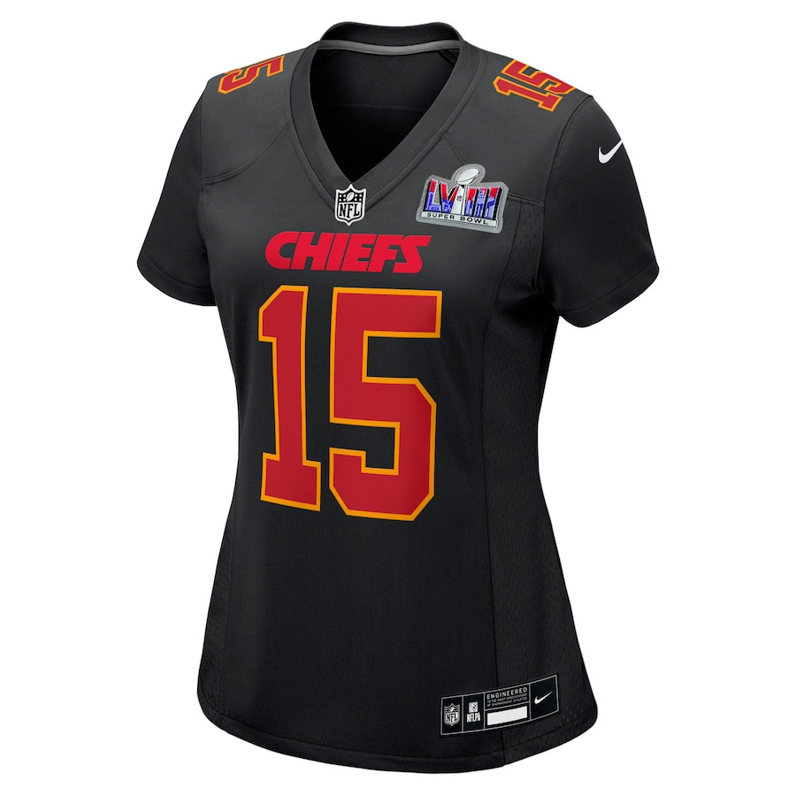 Alternative view of Patrick Mahomes #15 Kansas City Chiefs Super Bowl LVIII Game Jersey - Women's | Carbon Black