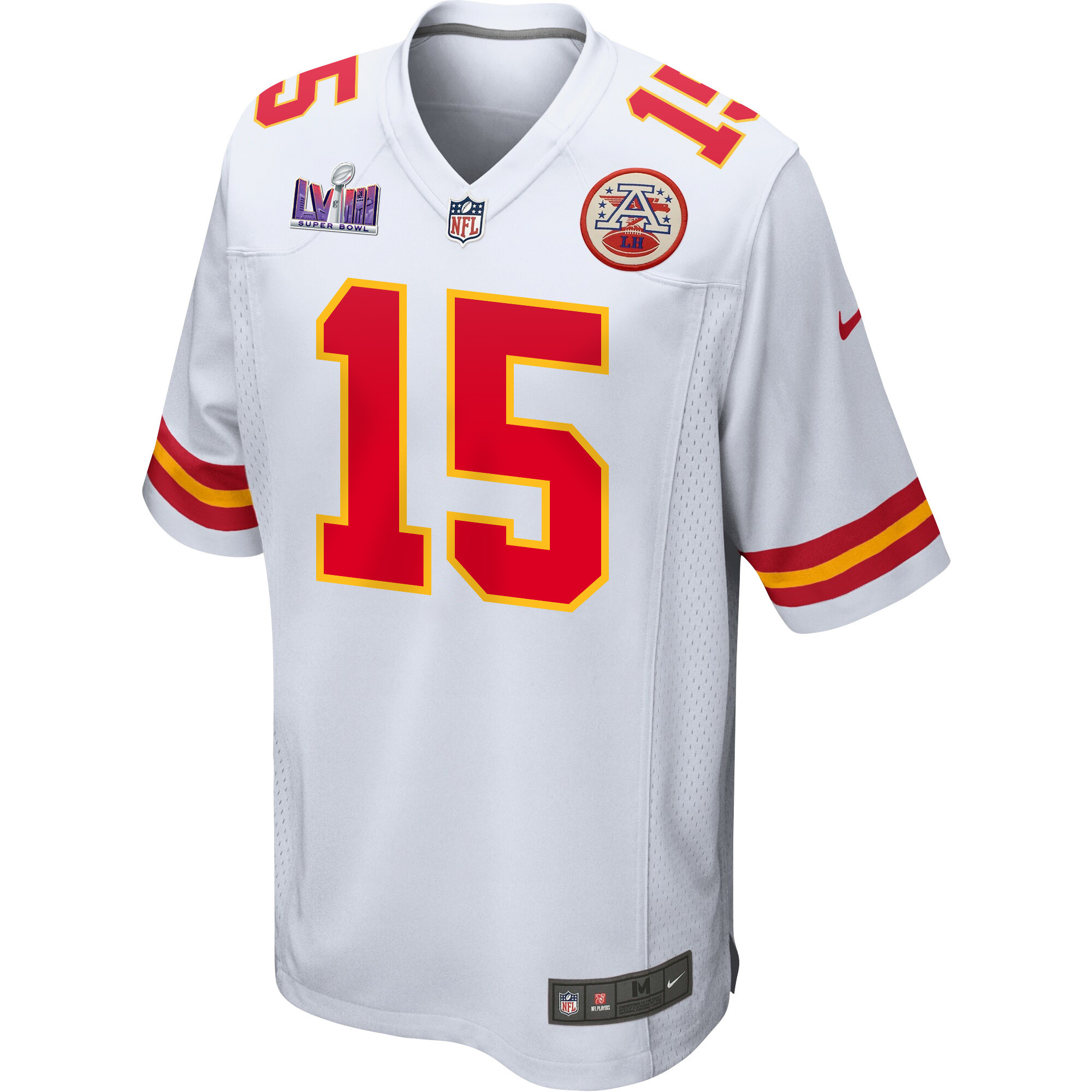 Alternative view of Patrick Mahomes #15 Kansas City Chiefs Super Bowl LVIII Patch Game Jersey - Men's | White