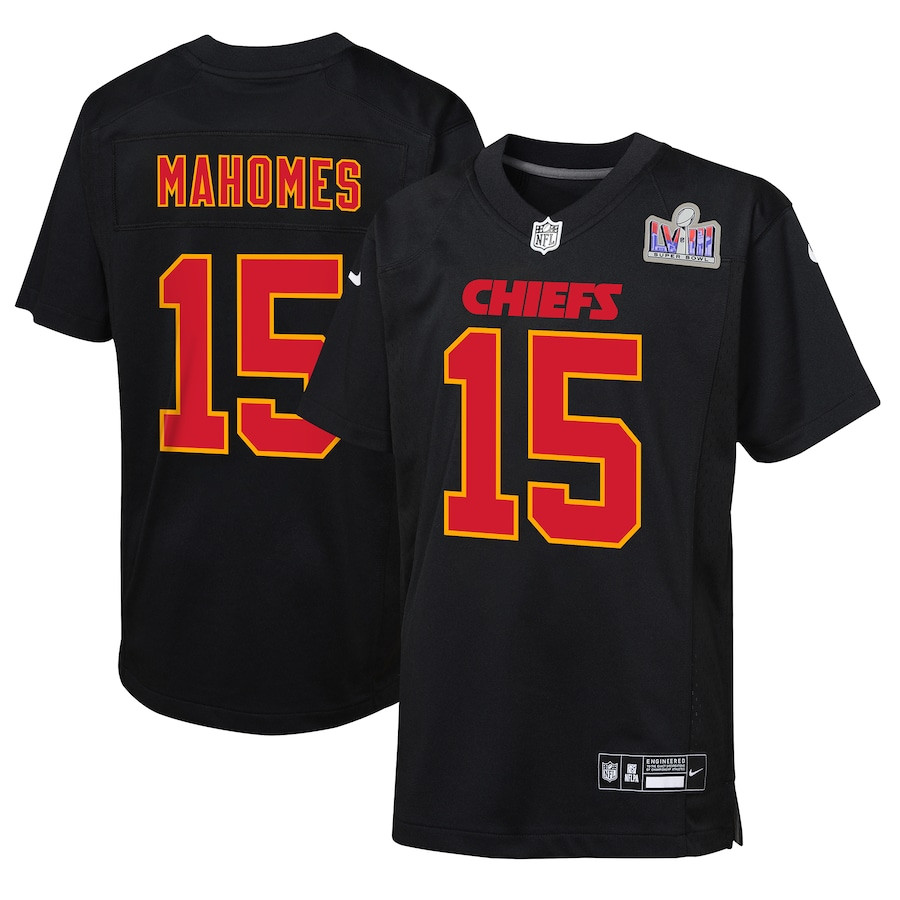 Patrick Mahomes #15 Kansas City Chiefs Super Bowl LVIII Patch Game Jersey - Youth | Carbon Black