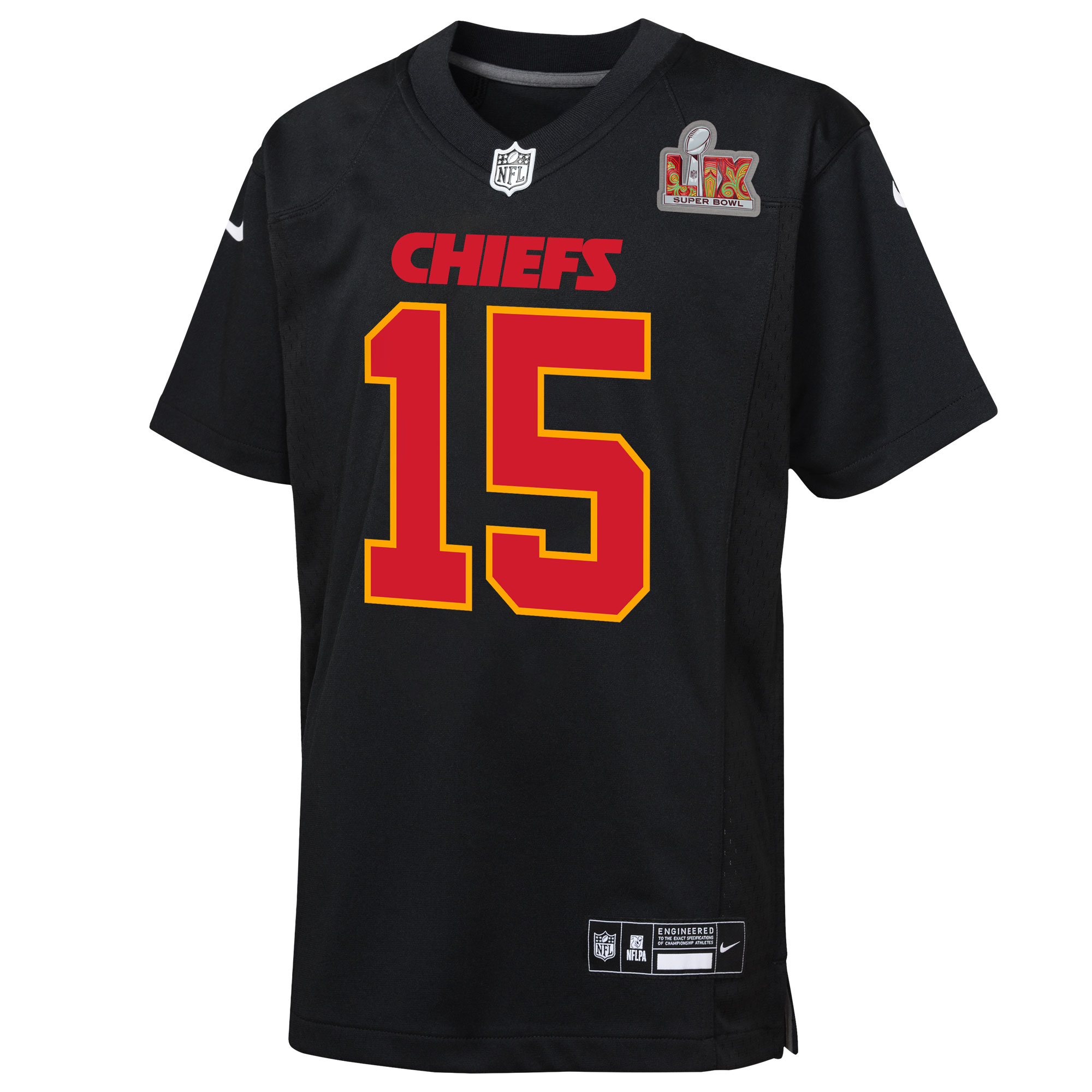 Alternative view of Patrick Mahomes Kansas City Chiefs Super Bowl LIX Patch Game Jersey - Youth