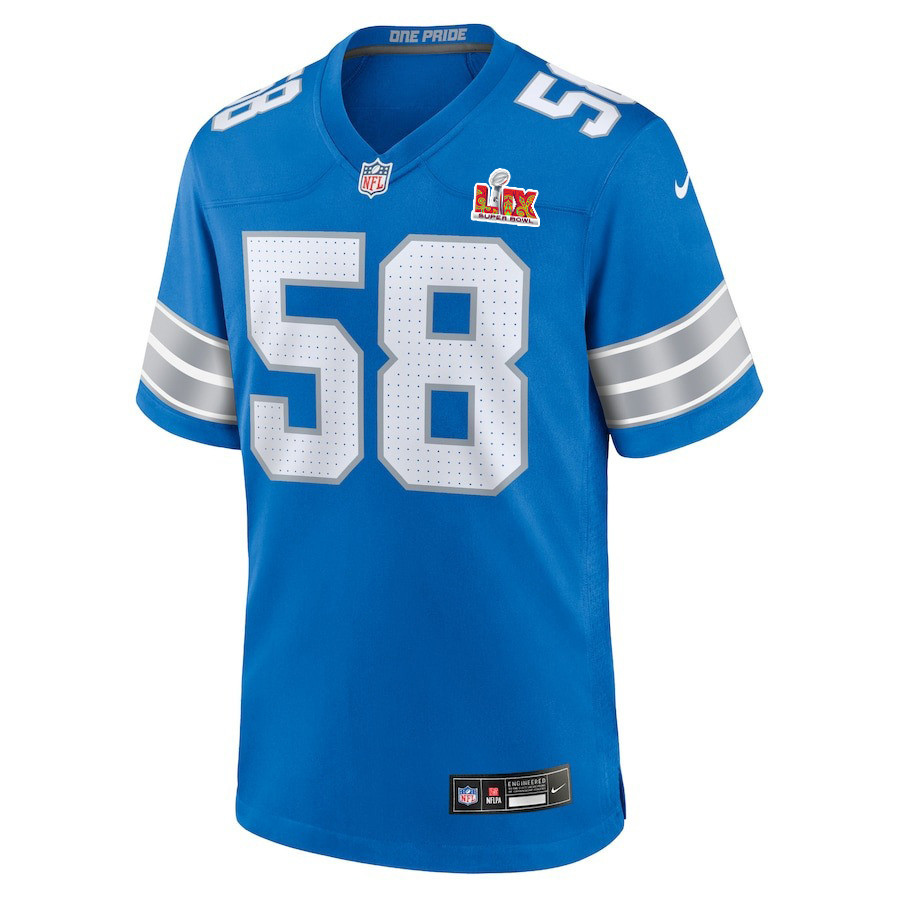 Alternative view of Penei Sewell #58 Detroit Lions Super Bowl LIX Game Jersey - Men's | Blue
