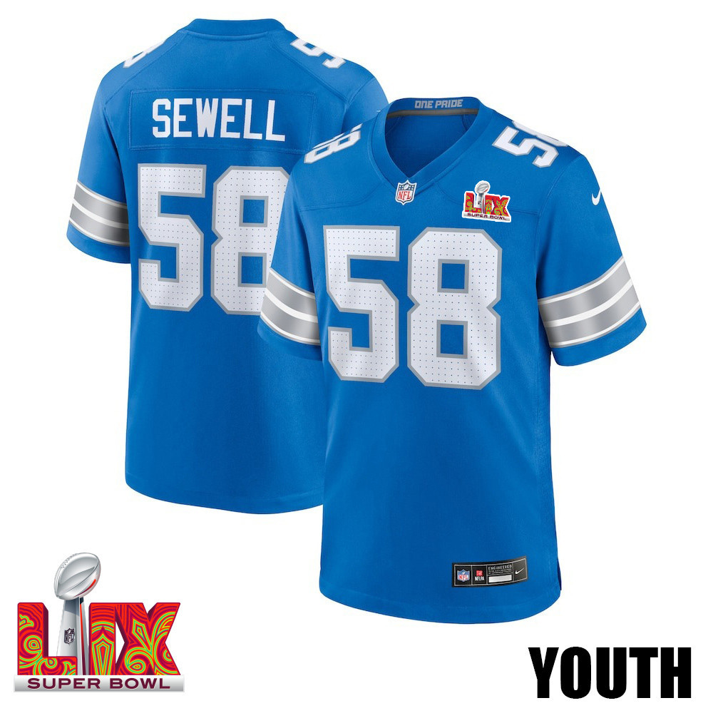 Penei Sewell #58 Detroit Lions Super Bowl LIX Game Jersey - Youth | Blue