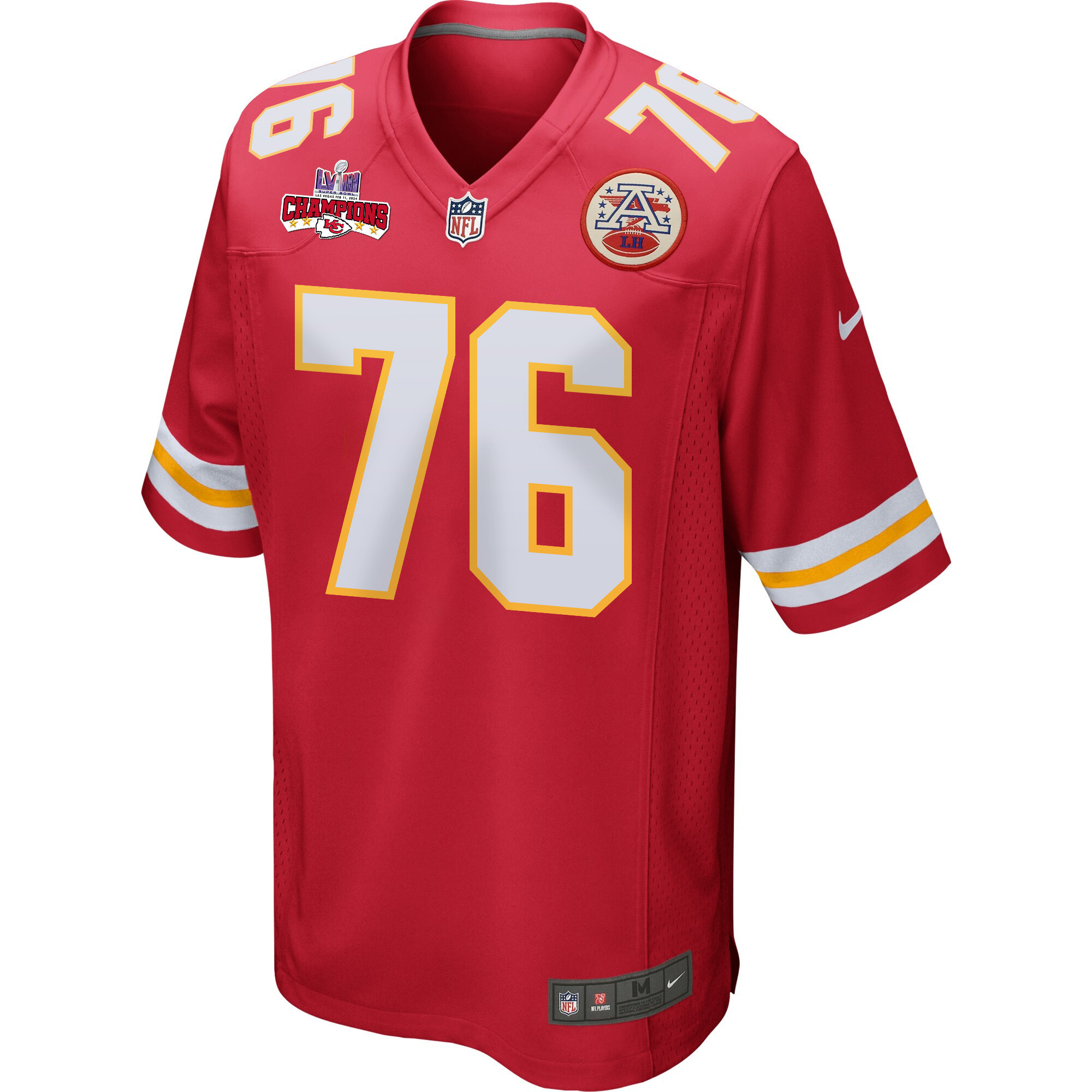 Alternative view of Prince Tega Wanogho #76 Kansas City Chiefs Super Bowl LVIII Champions 4 Stars Patch Game Jersey - Men's | Red