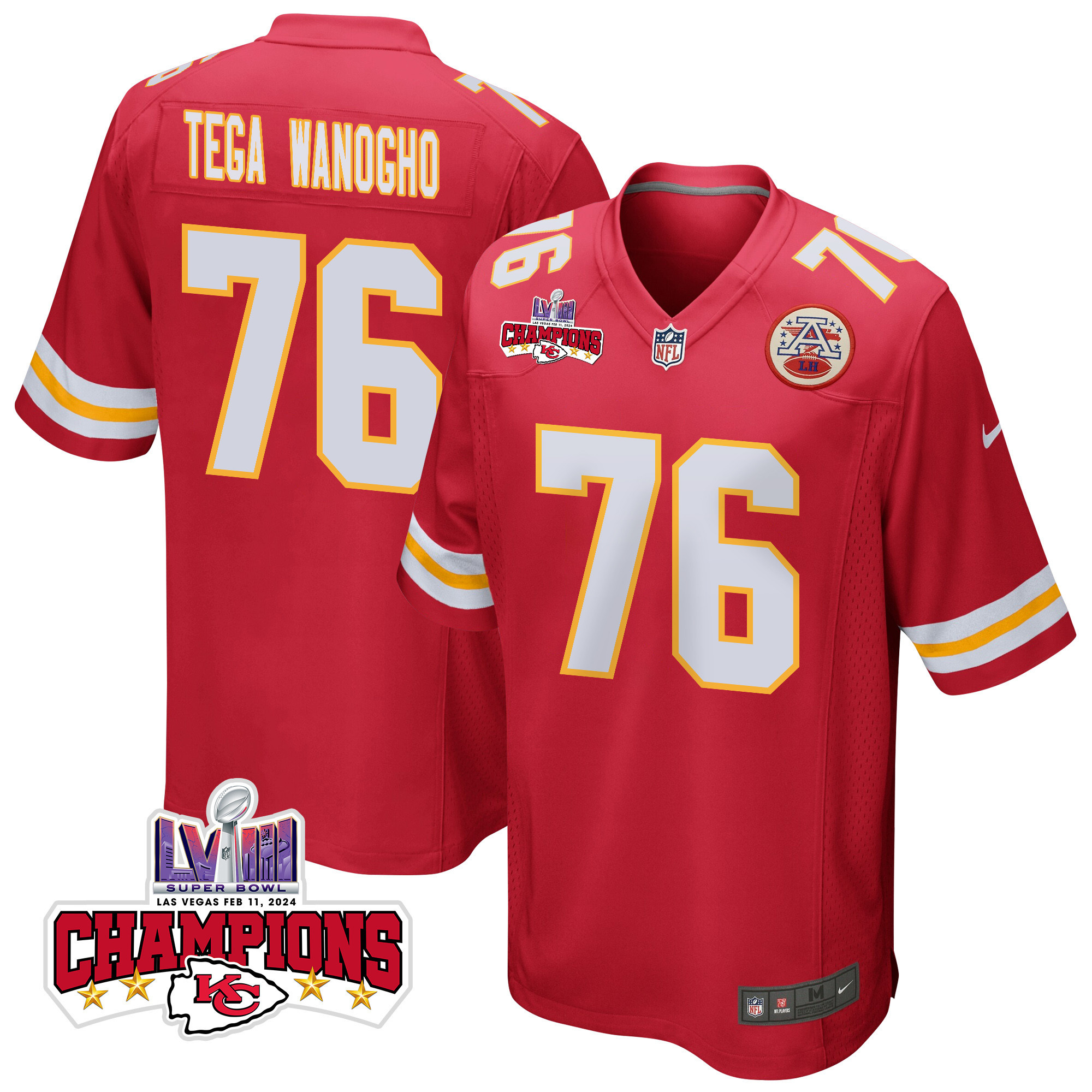 Prince Tega Wanogho #76 Kansas City Chiefs Super Bowl LVIII Champions 4 Stars Patch Game Jersey - Men's | Red