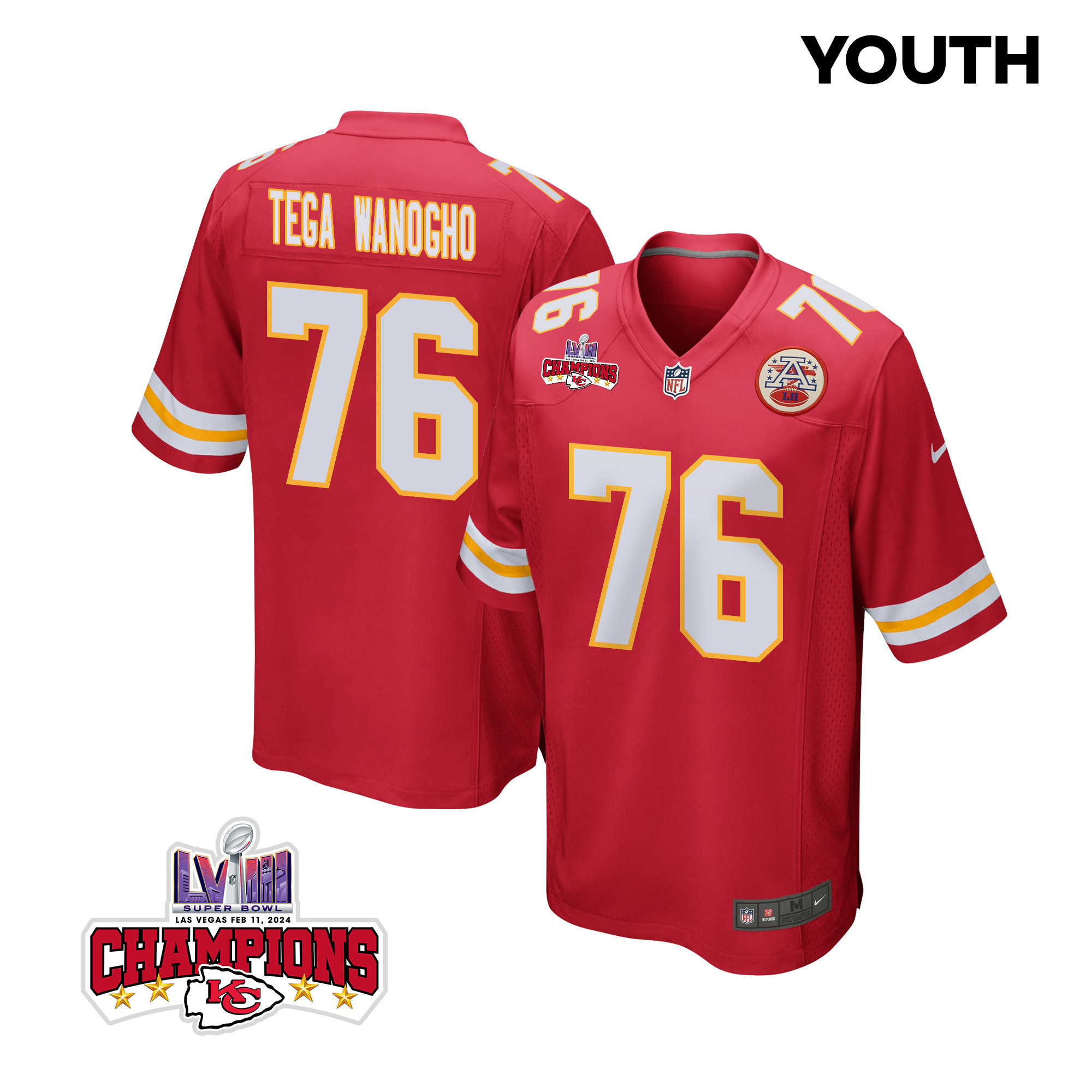 Prince Tega Wanogho #76 Kansas City Chiefs Super Bowl LVIII Champions 4 Stars Patch Game Jersey - Youth | Red