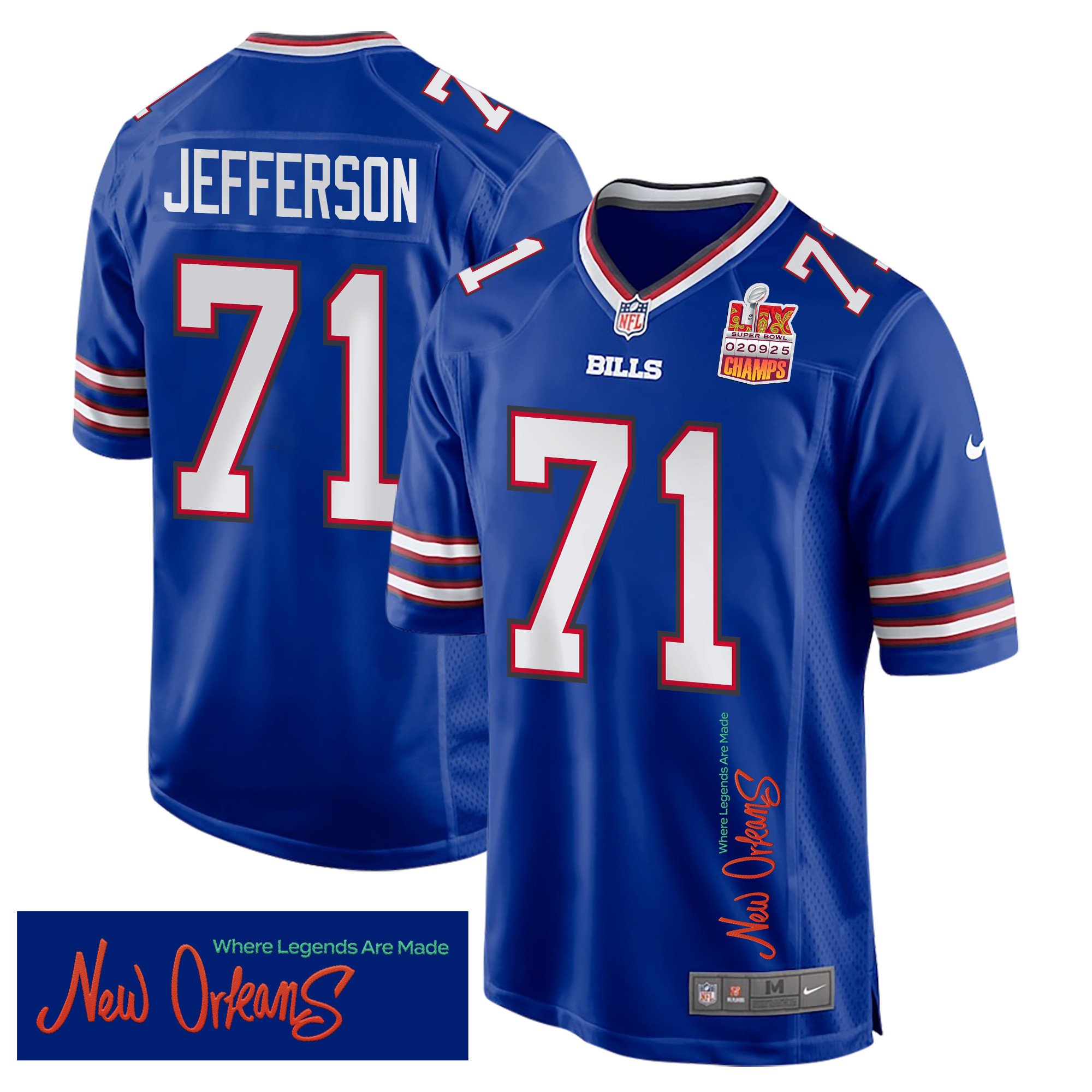 Quinton Jefferson #71 Buffalo Bills Super Bowl LIX Champions Patch Legend Jersey - Men's | Royal