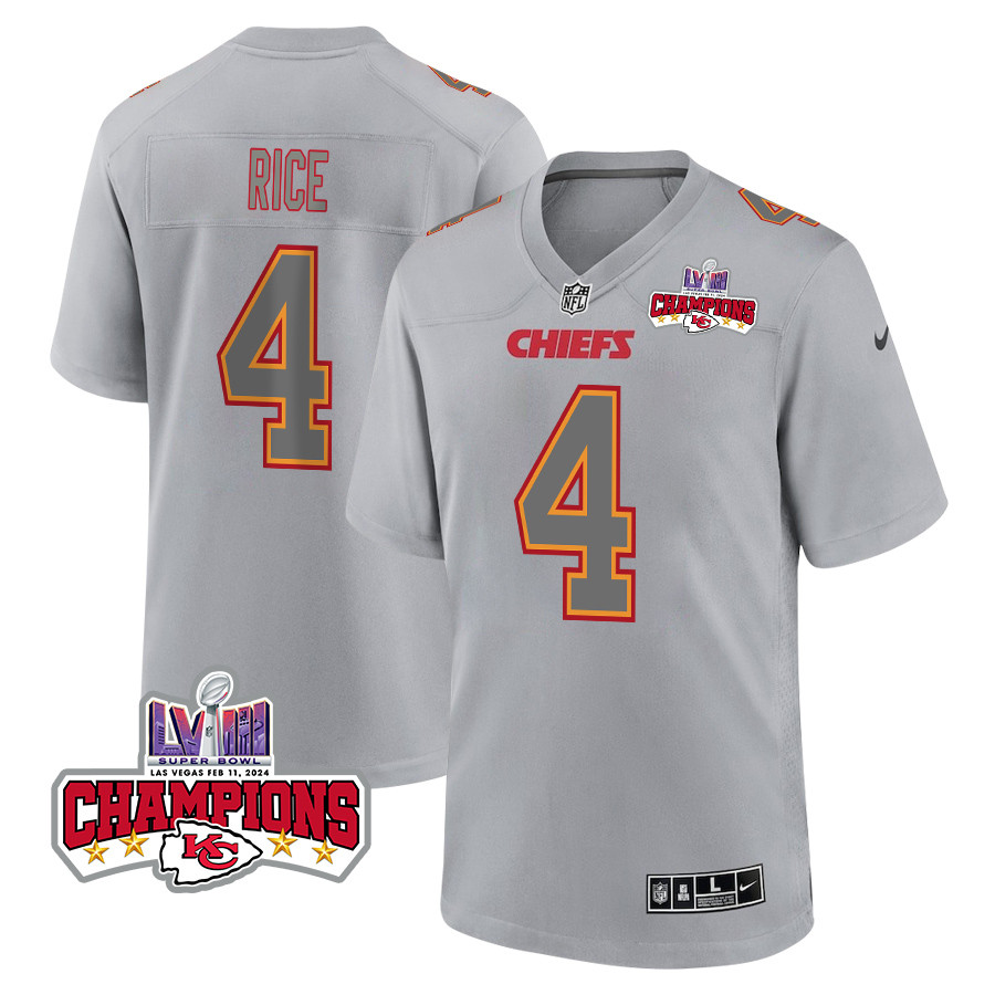 Rashee Rice #4 Kansas City Chiefs Super Bowl LVIII Champions 4 Stars Patch Game Jersey - Men's | Gray