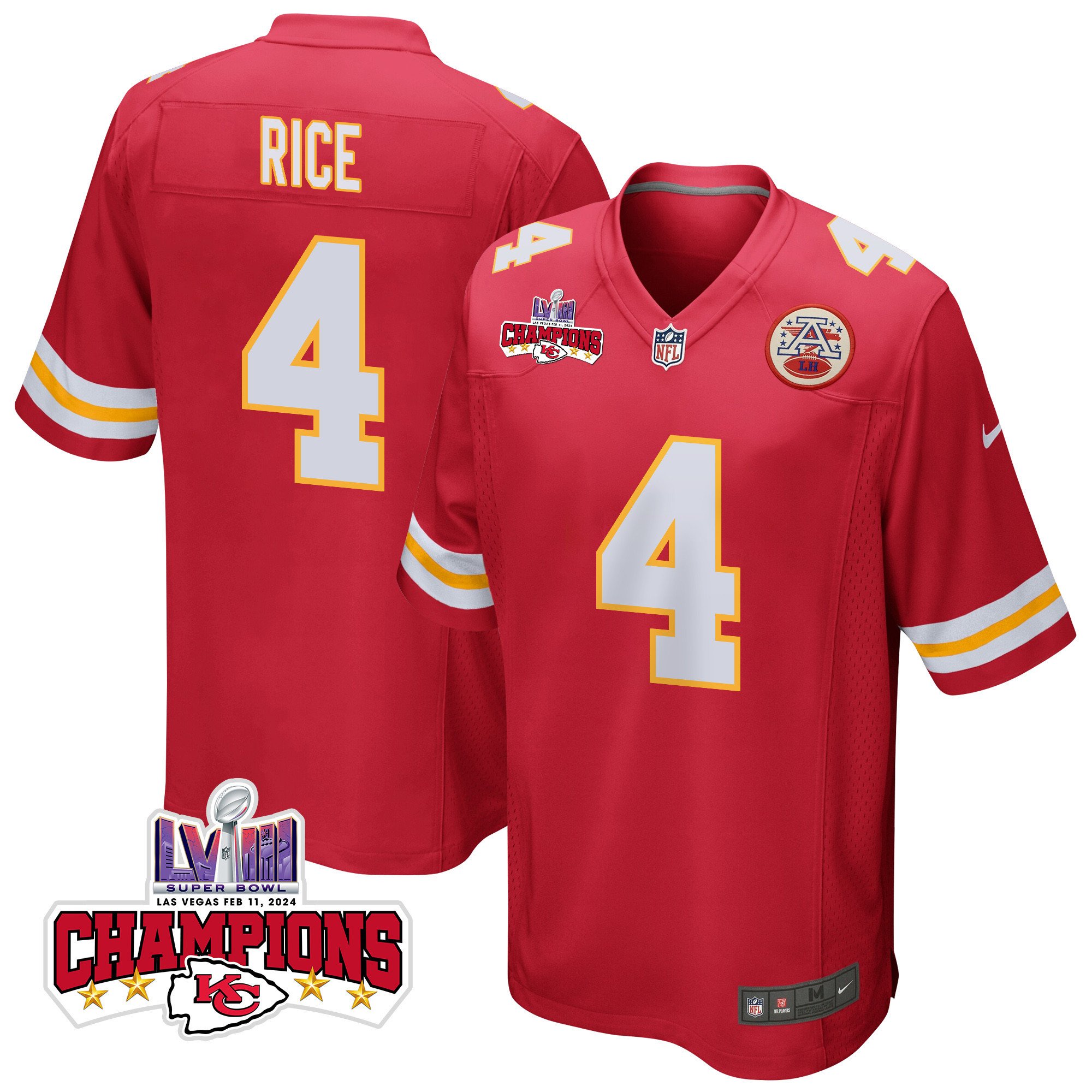 Rashee Rice #4 Kansas City Chiefs Super Bowl LVIII Champions 4 Stars Patch Game Jersey - Men's | Red