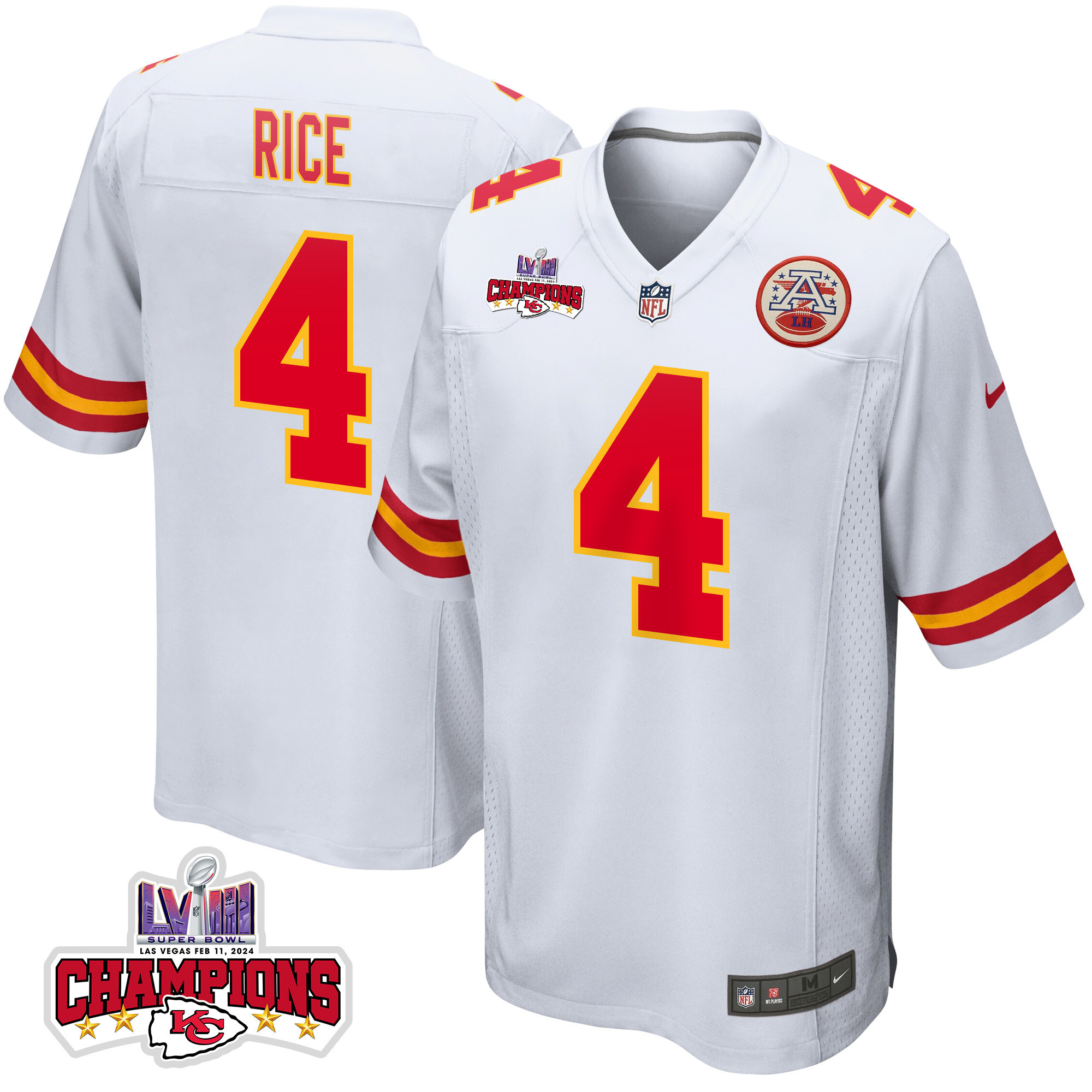 Rashee Rice #4 Kansas City Chiefs Super Bowl LVIII Champions 4 Stars Patch Game Jersey - Men's | White