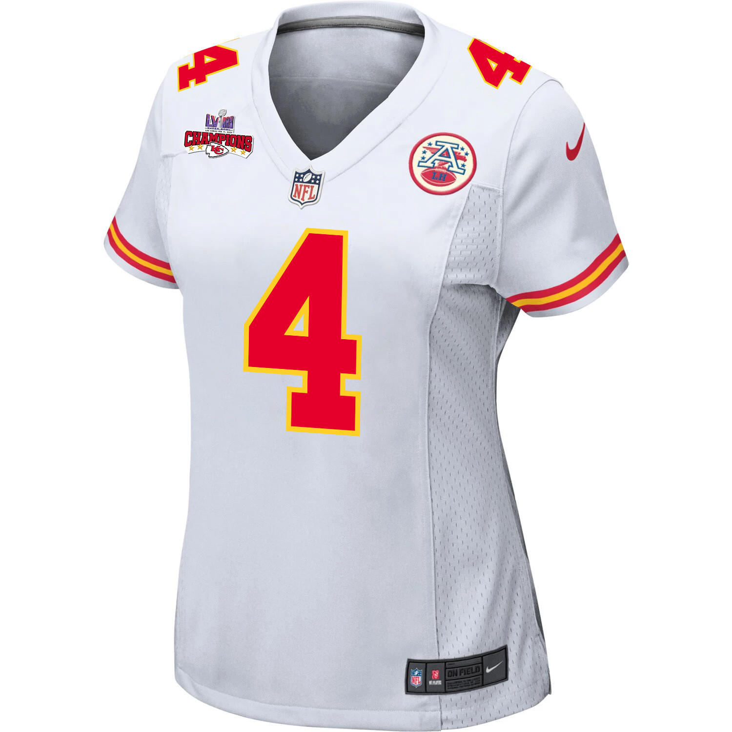 Alternative view of Rashee Rice #4 Kansas City Chiefs Super Bowl LVIII Champions 4 Stars Patch Game Jersey - Women's | White