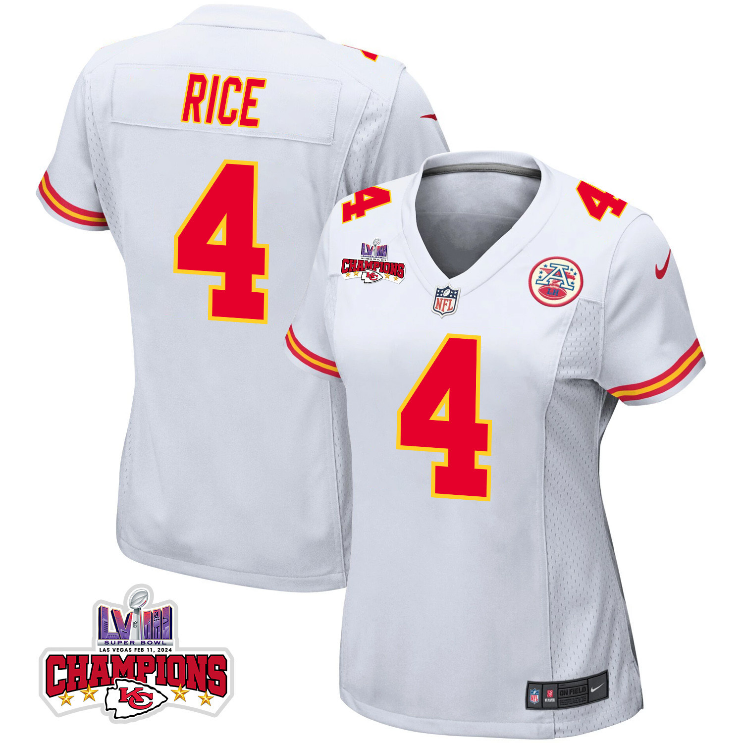 Rashee Rice #4 Kansas City Chiefs Super Bowl LVIII Champions 4 Stars Patch Game Jersey - Women's | White
