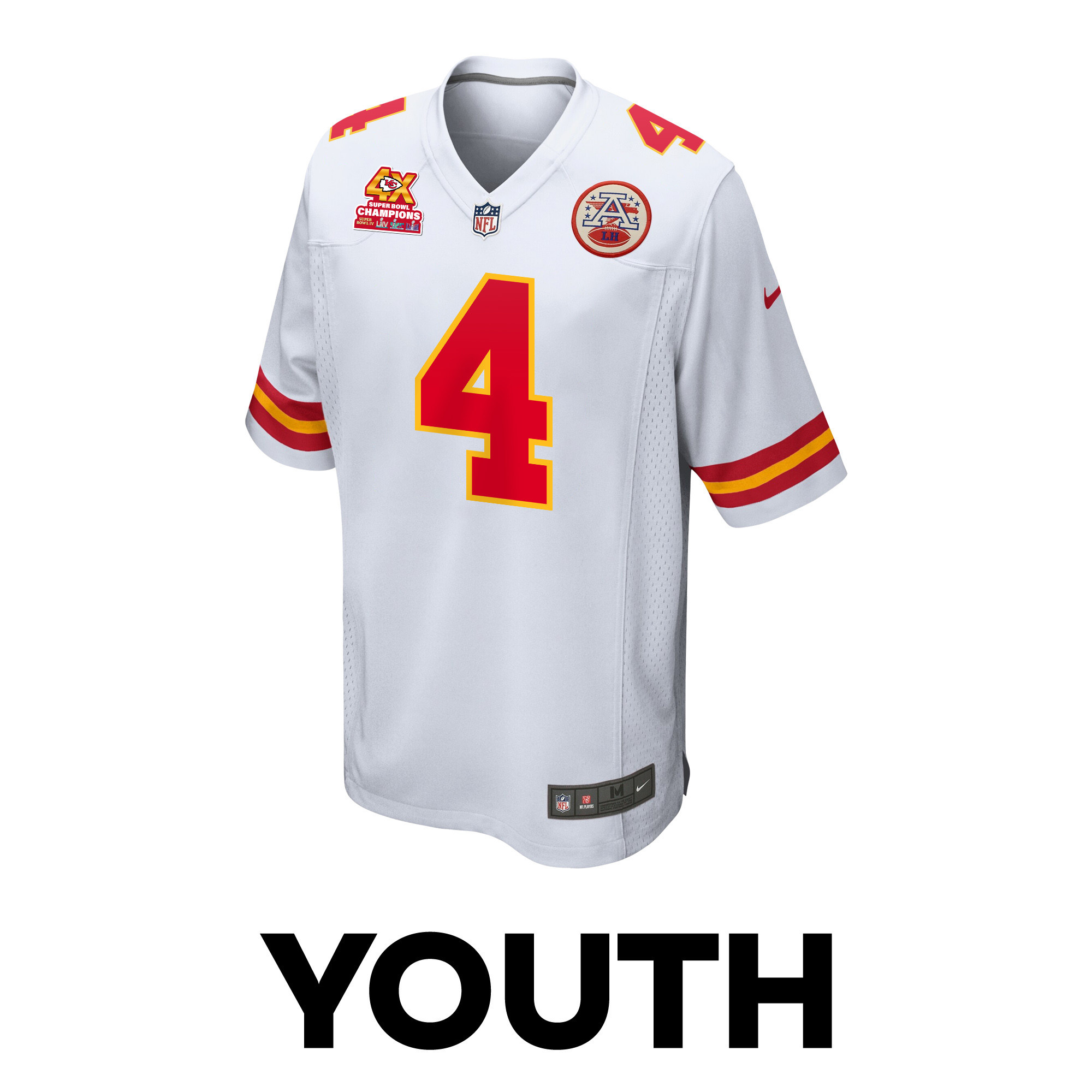 Alternative view of Rashee Rice #4 Kansas City Chiefs Super Bowl LVIII Champions 4X Game Jersey - Youth | White