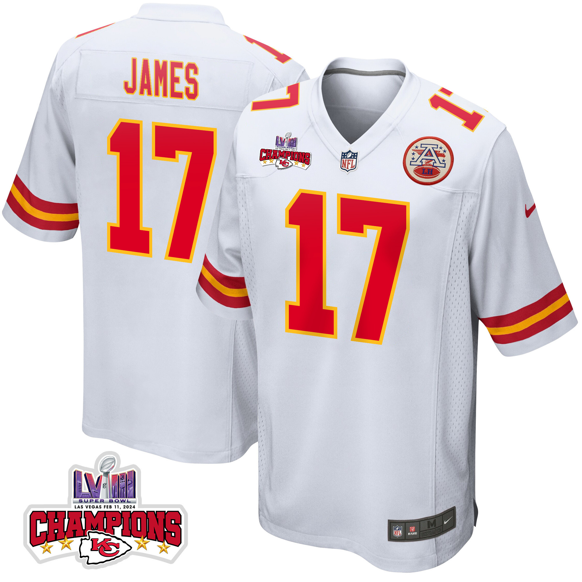 Richie James #17 Kansas City Chiefs Super Bowl LVIII Champions 4 Stars Patch Game Jersey - Men's | White