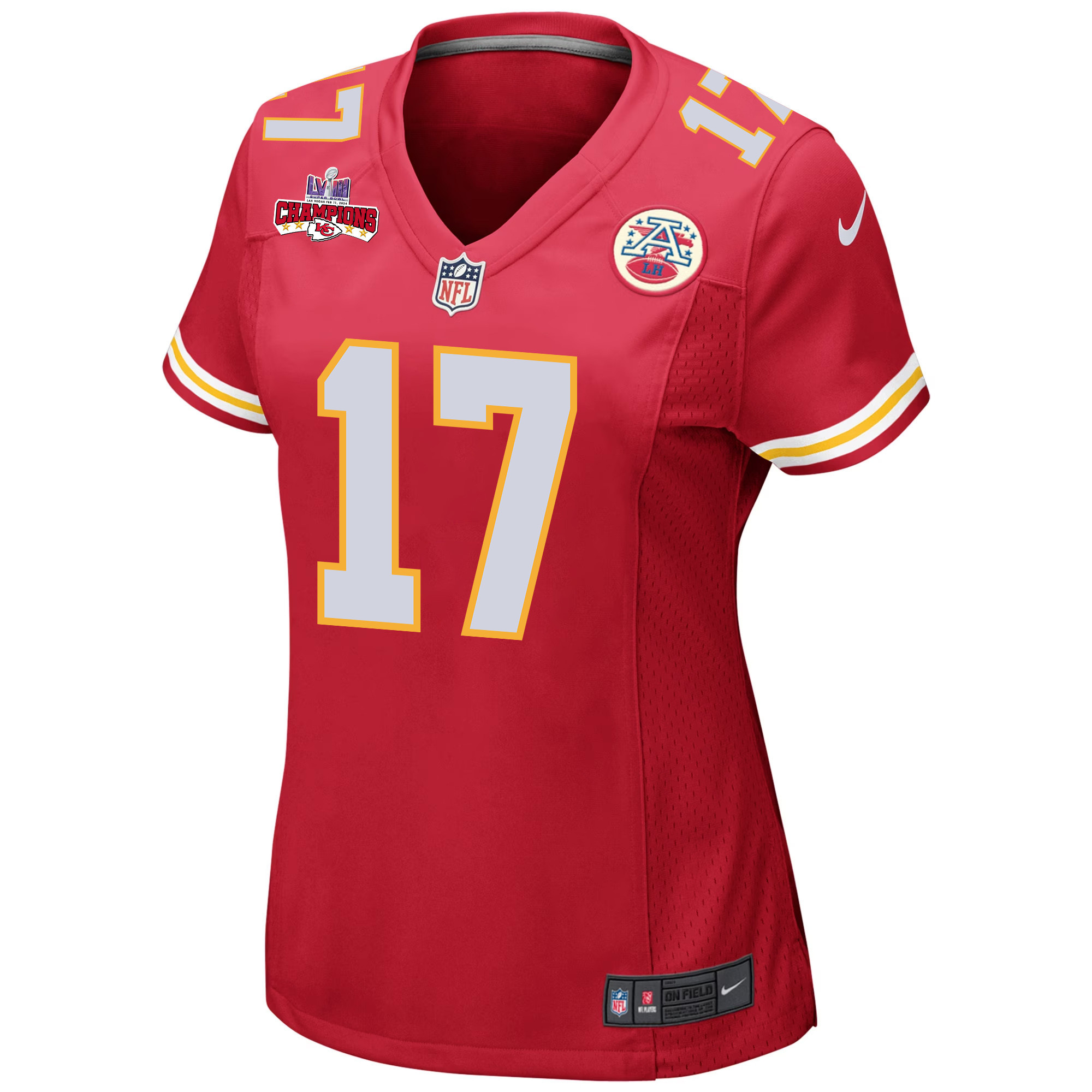 Alternative view of Richie James #17 Kansas City Chiefs Super Bowl LVIII Champions 4 Stars Patch Game Jersey - Women's | Red