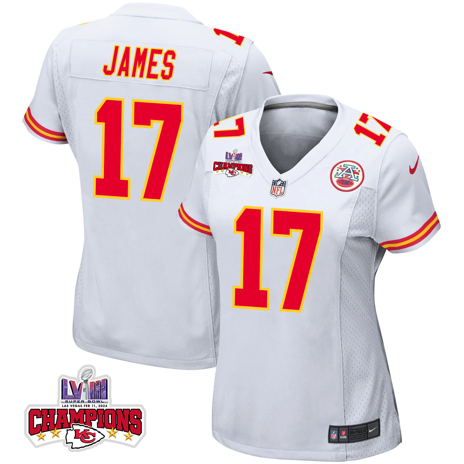Richie James #17 Kansas City Chiefs Super Bowl LVIII Champions 4 Stars Patch Game Jersey - Women's | White