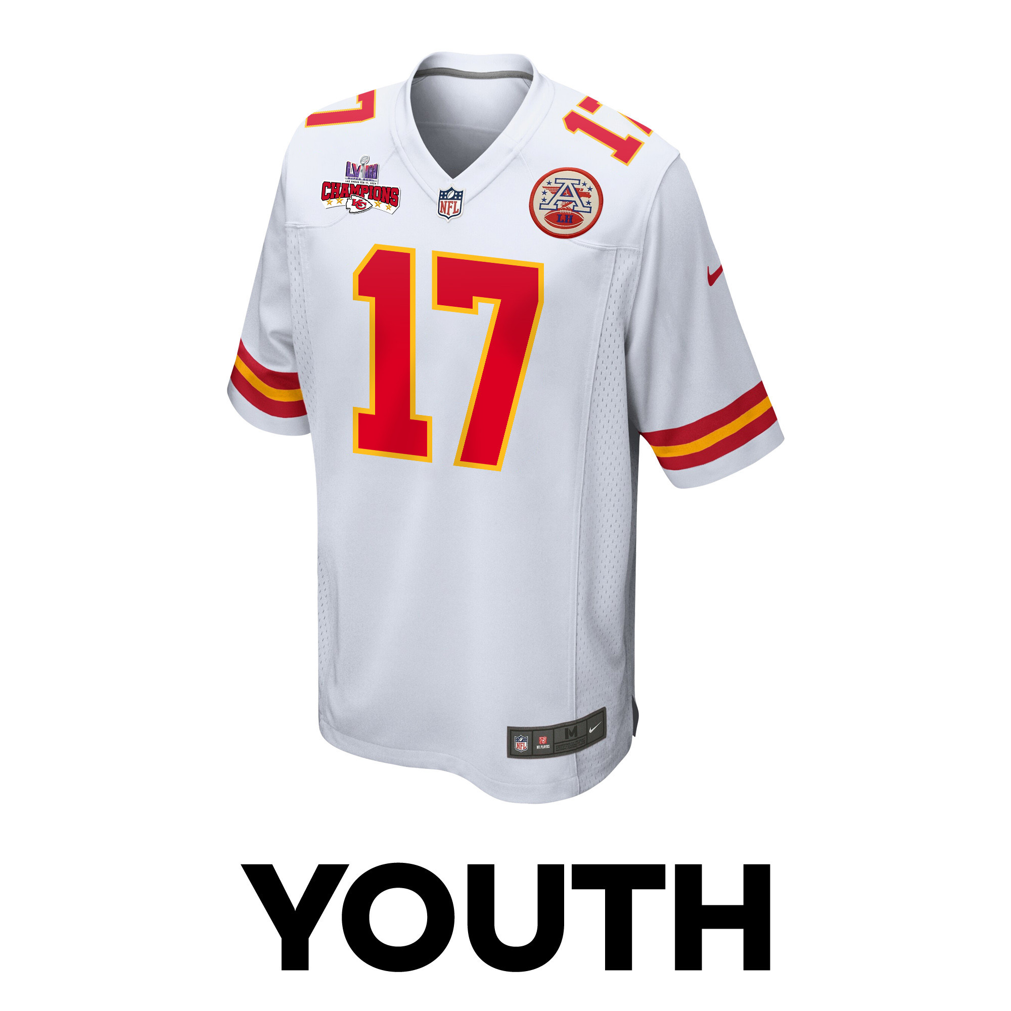 Alternative view of Richie James #17 Kansas City Chiefs Super Bowl LVIII Champions 4 Stars Patch Game Jersey - Youth | White