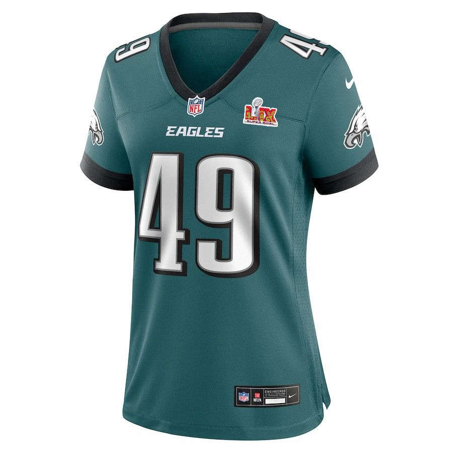 Alternative view of Rick Lovato #49 Philadelphia Eagles Super Bowl LIX Game Jersey - Women's | Midnight Green