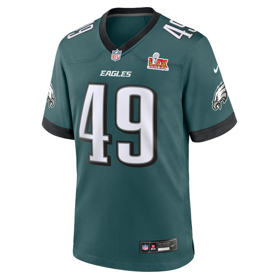 Alternative view of Rick Lovato #49 Philadelphia Eagles Super Bowl LIX Game Jersey - Youth | Midnight Green