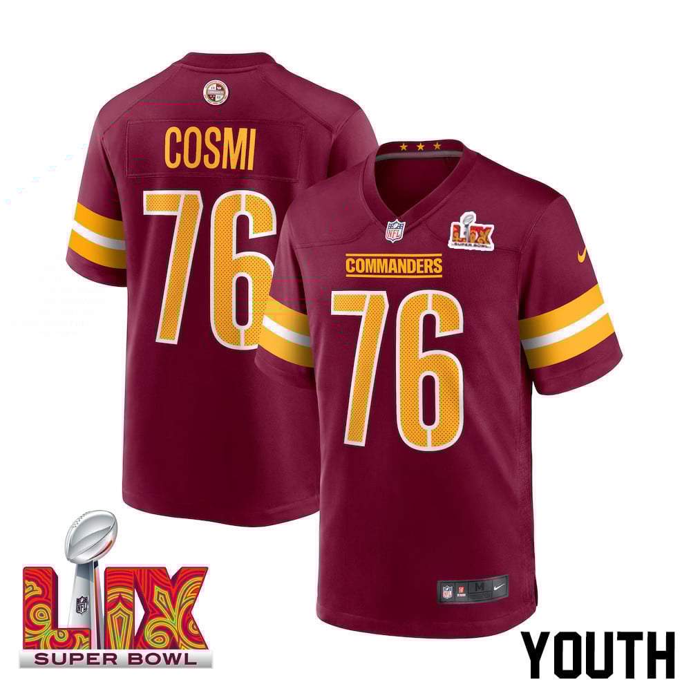 Sam Cosmi #76 Washington Commanders Super Bowl LIX Game Jersey - Youth | Burgundy