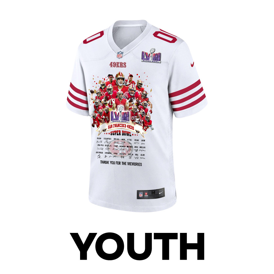 Alternative view of San Francisco 49ers Super Bowl LVIII Game Jersey - Youth | White