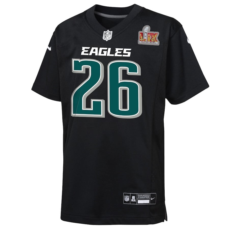Alternative view of Saquon Barkley #26 Philadelphia Eagles Super Bowl LIX Patch Game Jersey - Youth | Carbon Black