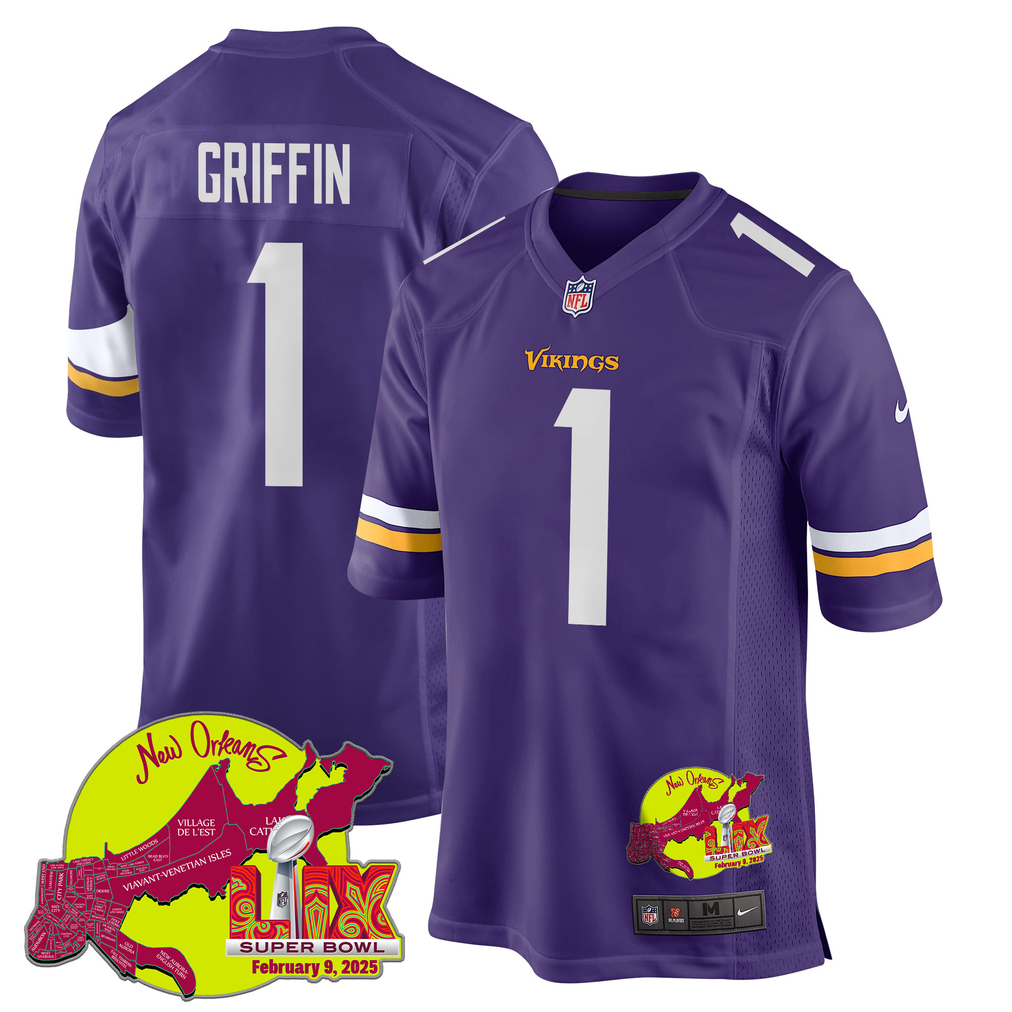 Shaq Griffin #1 Minnesota Vikings Super Bowl LIX Game Jersey - Men's | Purple