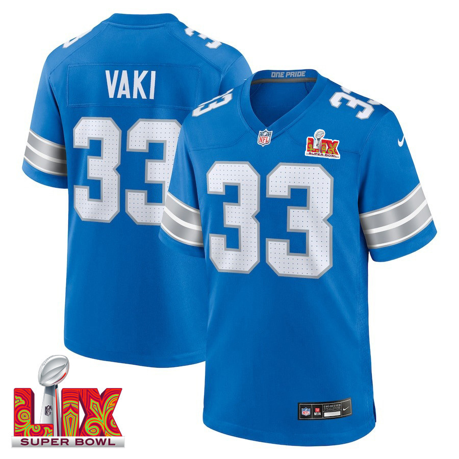 Sione Vaki #33 Detroit Lions Super Bowl LIX Game Jersey - Men's | Blue