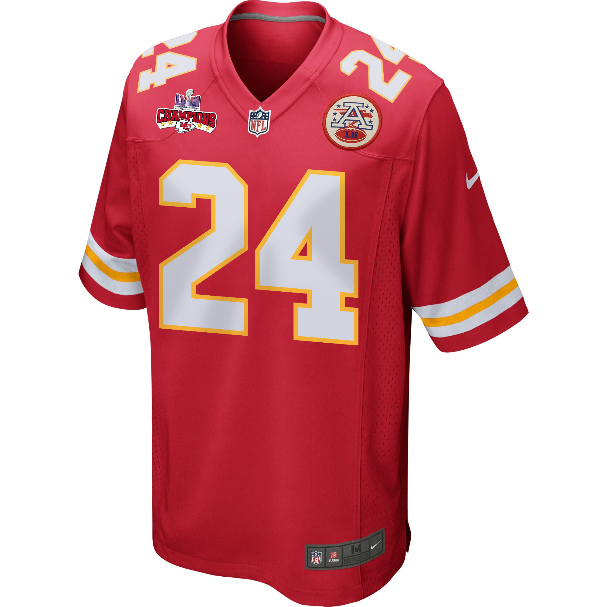 Alternative view of Skyy Moore #24 Kansas City Chiefs Super Bowl LVIII Champions 4 Stars Patch Game Jersey - Men's | Red