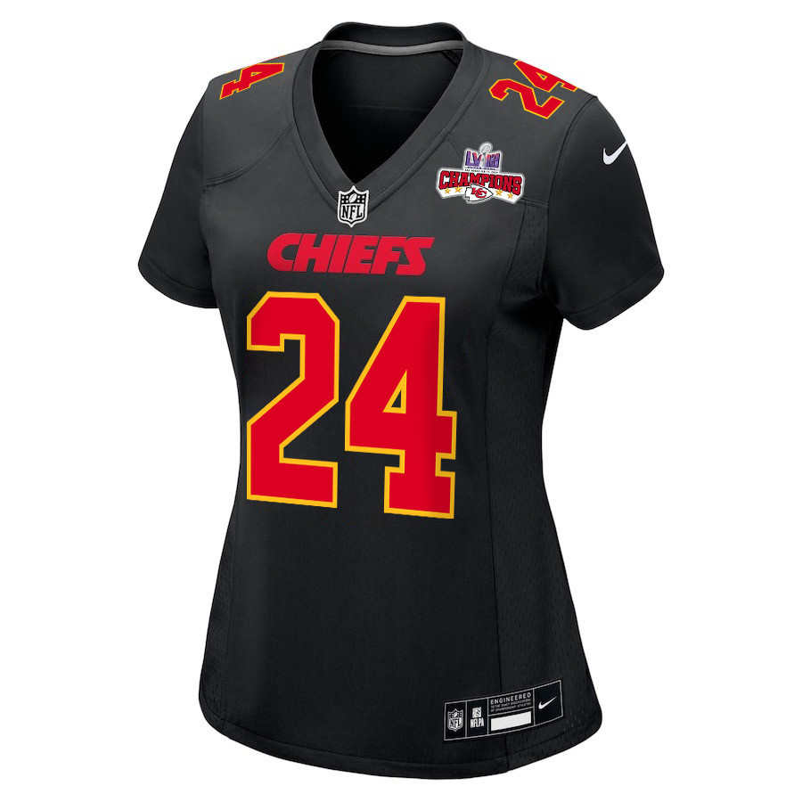 Alternative view of Skyy Moore #24 Kansas City Chiefs Super Bowl LVIII Champions 4 Stars Patch Game Jersey - Women's | Carbon Black