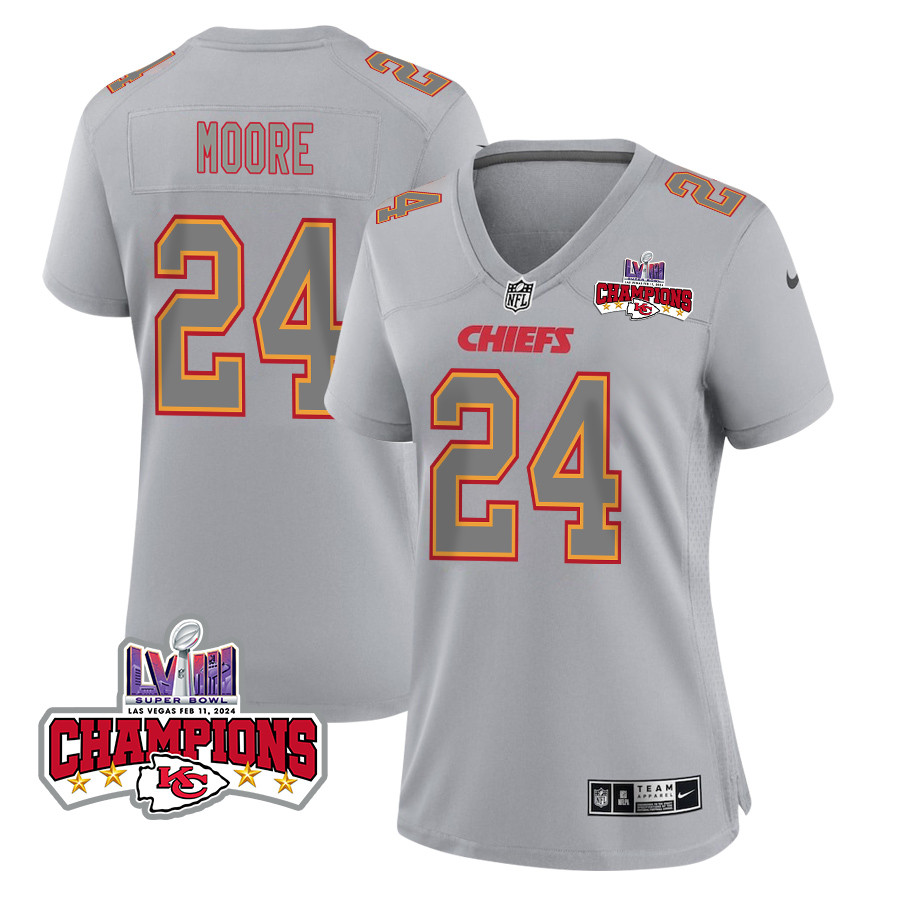 Skyy Moore #24 Kansas City Chiefs Super Bowl LVIII Champions 4 Stars Patch Game Jersey - Women's | Gray